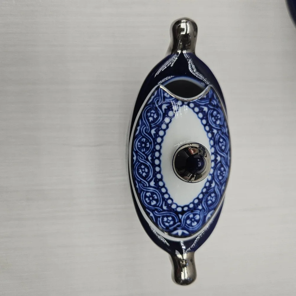 Bombay Blue White Porcelain Tea Set Teapot Sugar Creamer Silver Trim 3 Piece